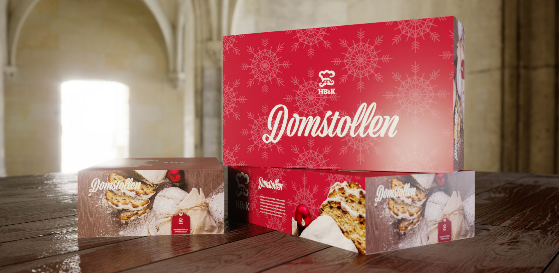 Domstollen-Geschenkverpackungen mit Schneeflockenmuster im Kellergewölbe des Doms
