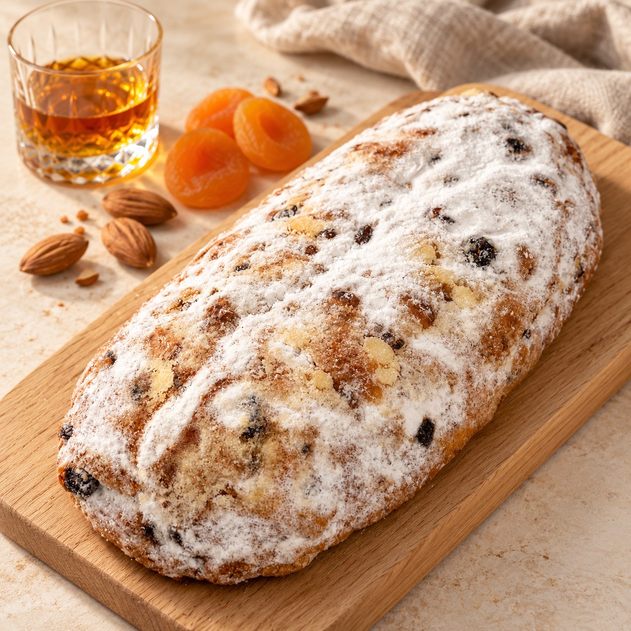 Whisky-Aprikosen-Stollen mit Puderzucker auf einem Holzbrett, daneben ein Glas Whisky, Aprikosen und Mandeln