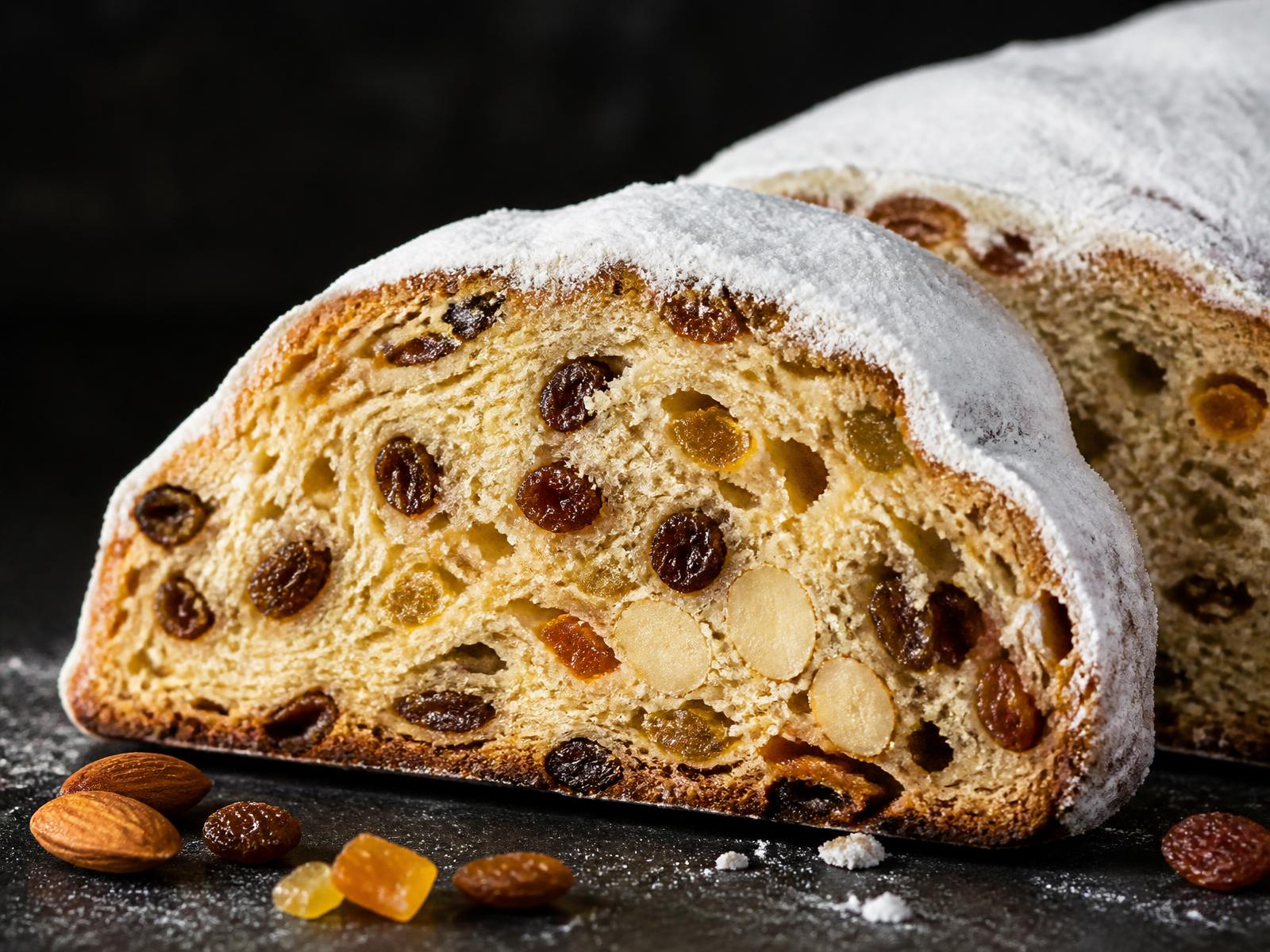 Angeschnittener Domstollen mit Rosinen, Mandeln und Zitronat